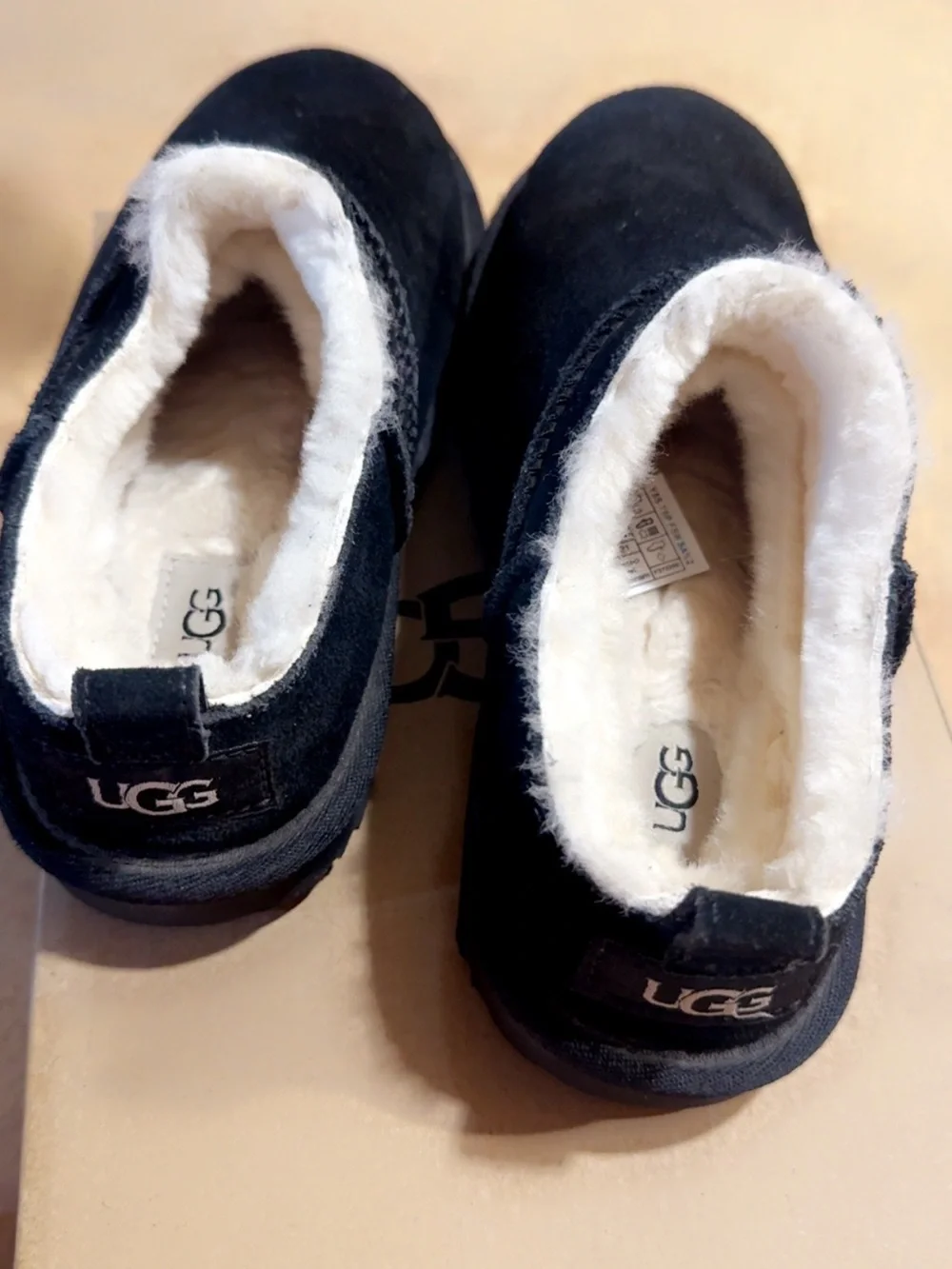 UGG Kids Black Suede Slip-On Clog with Shearling Trim